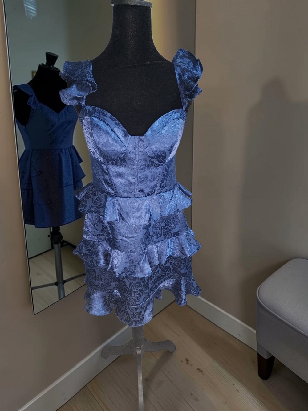 NWT B Darlin Juniors Navy Floral Jacquard Tiered Ruffle Mini Dress Sz 5/6
